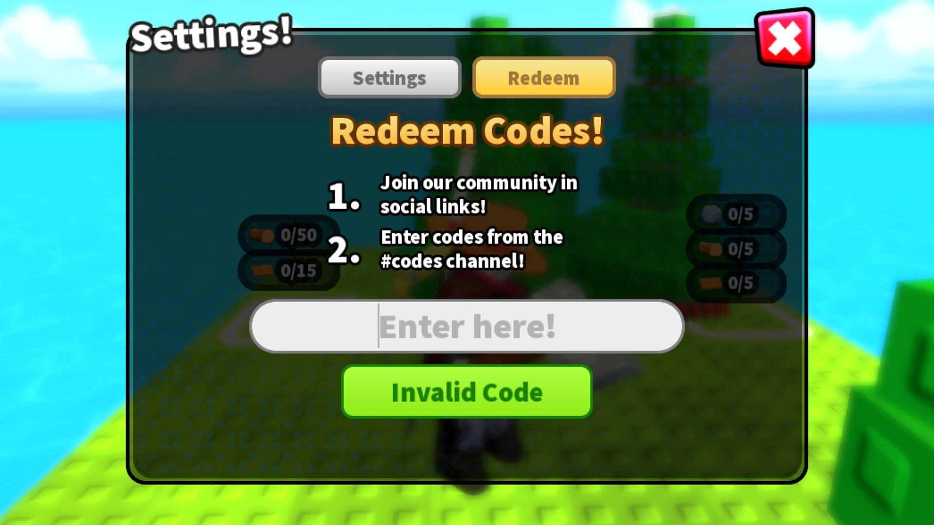 The "Invalid Code" error in Build an Island (Image via Roblox)